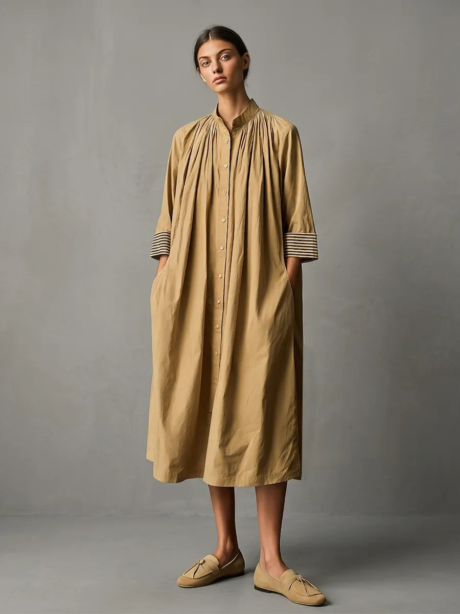 Women's Khaki Cotton Midi Shirt Dress With Stand Collar Gathered Neck & Striped Cuff Three Quarter Sleeves, Lagenlook Loose Casual Midi Dress MDZ1476G7LYL