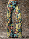 Women's Vintage Ethnic Blue Floral Hippie Art Prints Casual  Flared Pants