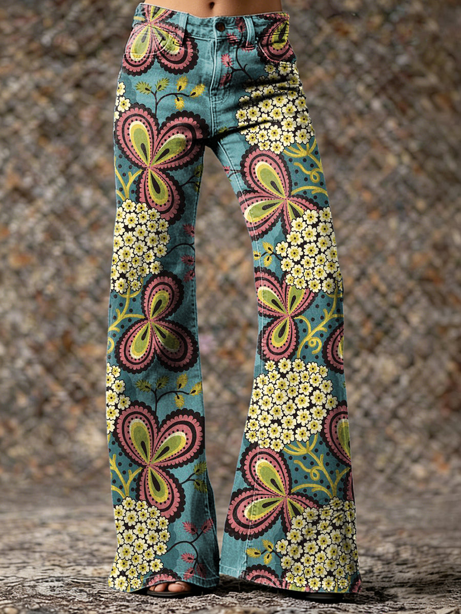 Women's Vintage Ethnic Blue Floral Hippie Art Prints Casual  Flared Pants