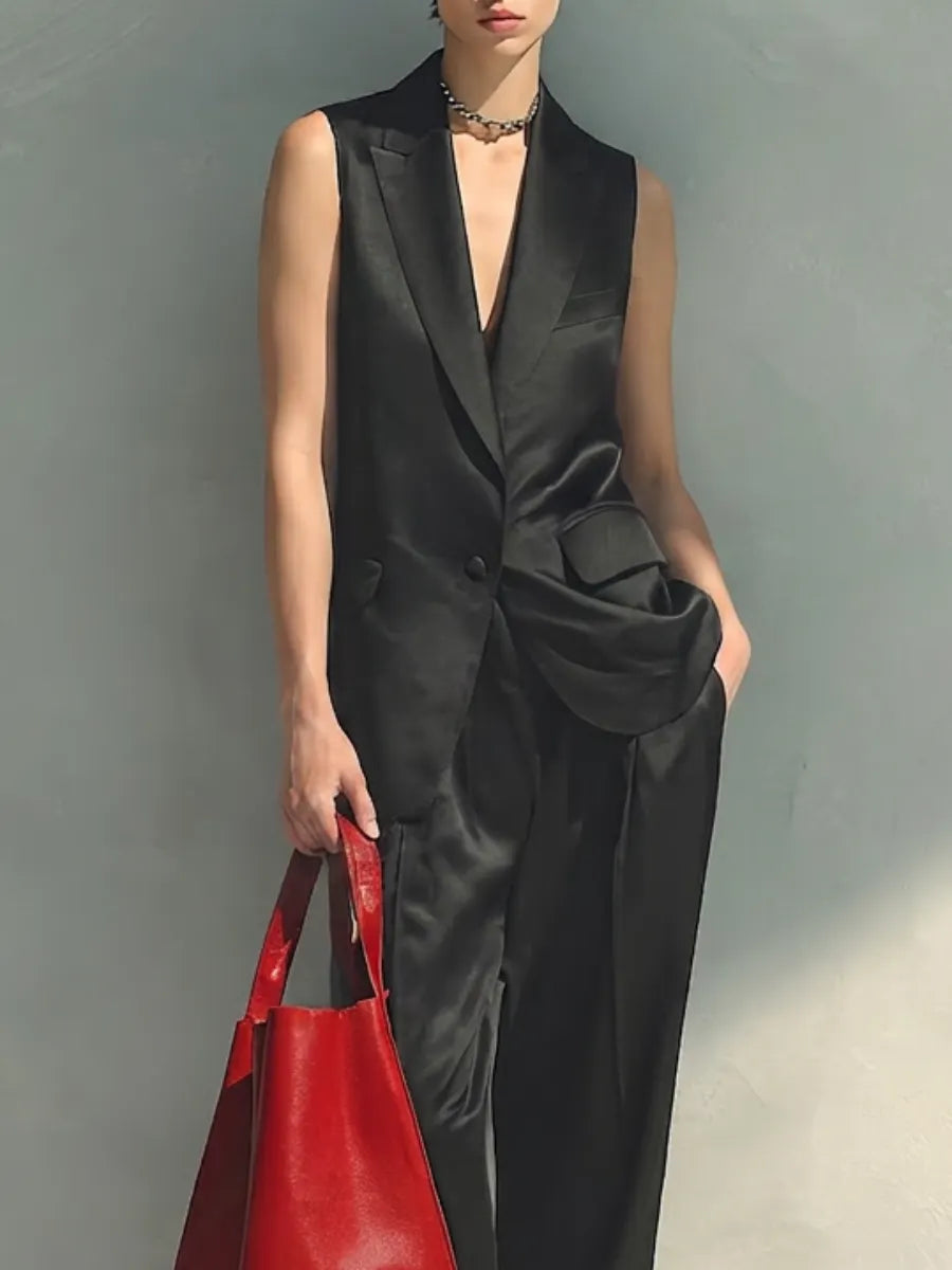 Women's Elegant Black Satin Two-Piece Set — Sleeveless Deep V Tuxedo Vest & High-Waisted Wide-Leg Trousers MDZ0678G9O