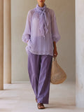 Women's Light Purple Crinkle Chiffon Two-Piece Set With Ruffled Tie Neck Balloon Sleeve Blouse & Solid High Waist Wide Leg Pants, Elegant Resort Matching Outfit MDZ0774G7LYL