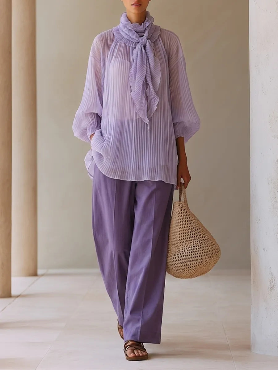 Women's Light Purple Crinkle Chiffon Two-Piece Set With Ruffled Tie Neck Balloon Sleeve Blouse & Solid High Waist Wide Leg Pants, Elegant Resort Matching Outfit MDZ0774G7LYL