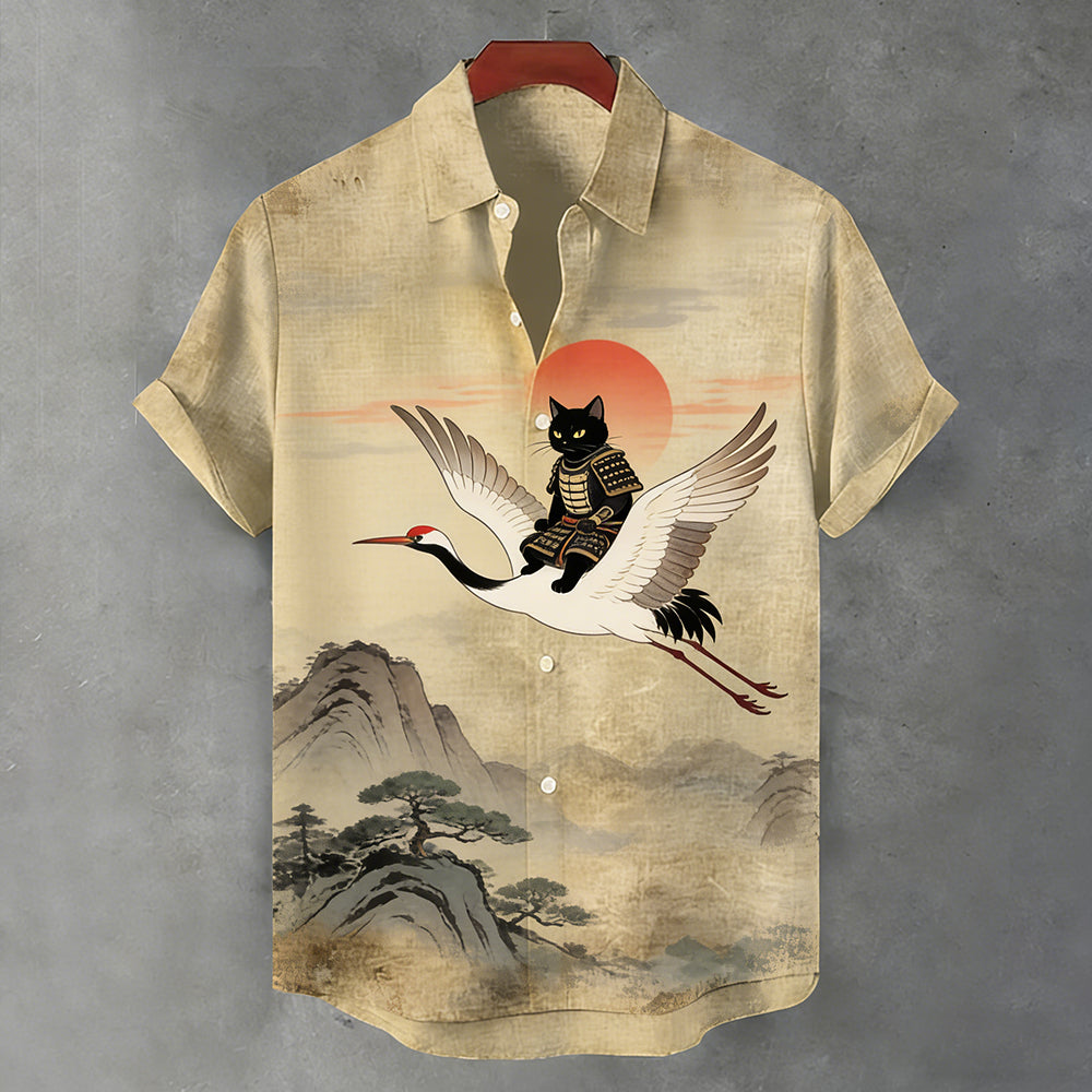Men's Driving Crane Cat Collar Printed Shirt