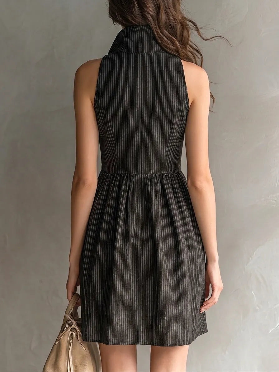 Black Striped Zip-up collar Sleeveless A-line Mini Dress