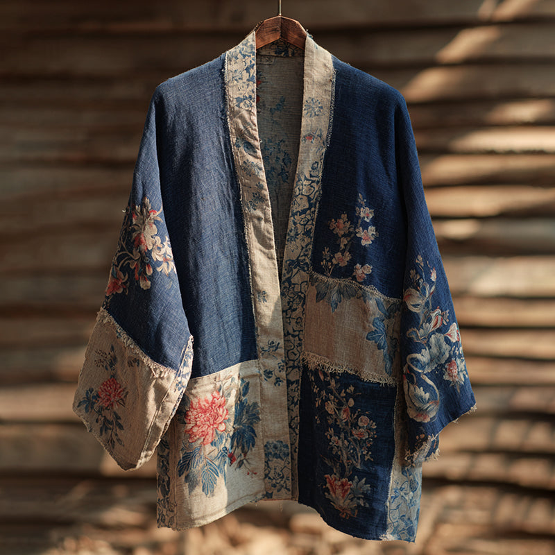 Vintage Japanese Traditional Sashiko Floral Patchwork Art Print Cotton And Linen Blend Kimono Cardigan
