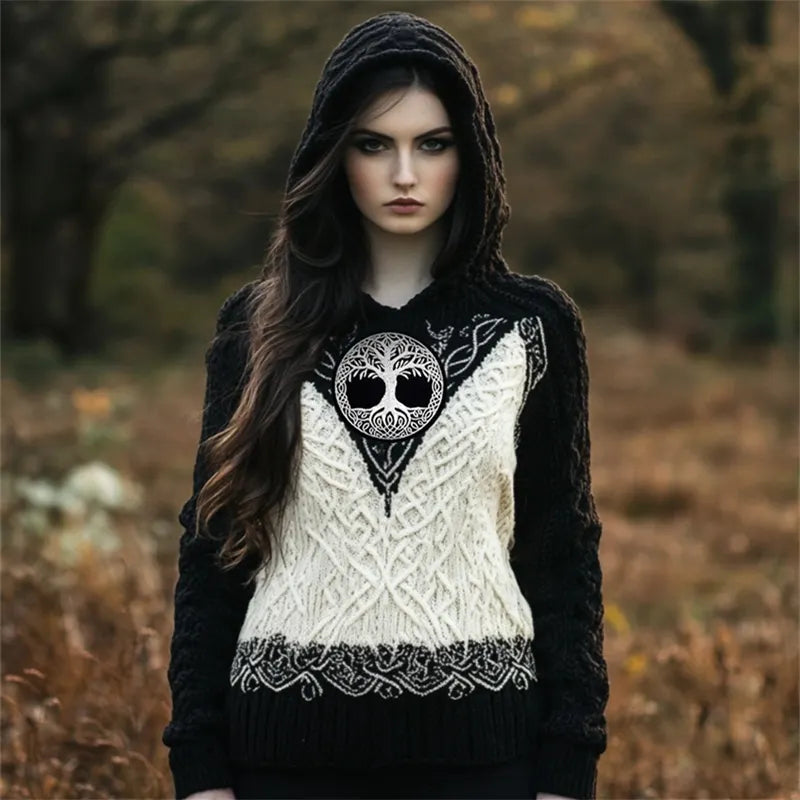 Viking Tree Of Life Contrast Color Cozy Hooded Sweater