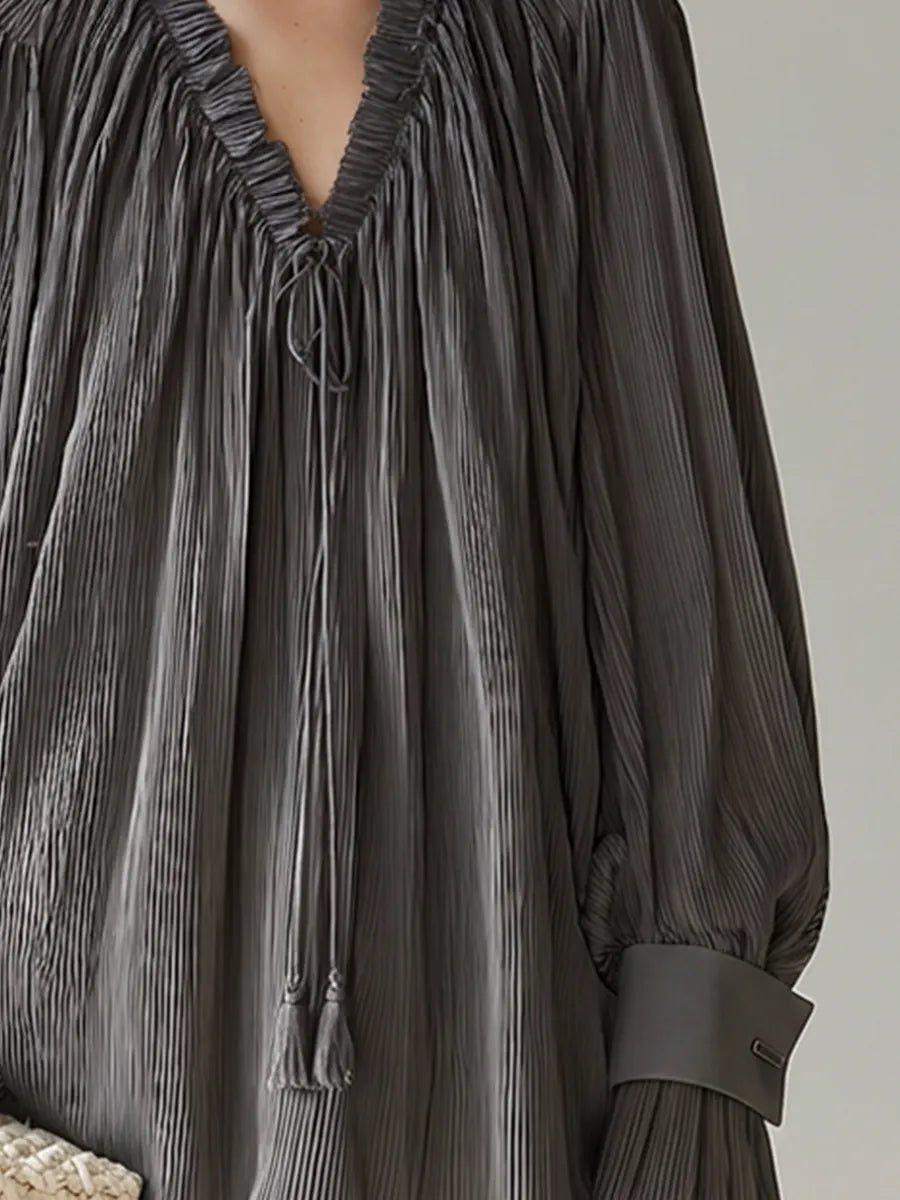 Women's Dark Grey Pleated Chiffon Blouse With Ruffled V Tie Neck & Contrast Cuff Lantern Sleeves, Elegant Loose Casual Long Sleeve Blouse MDZ1316G4LYL