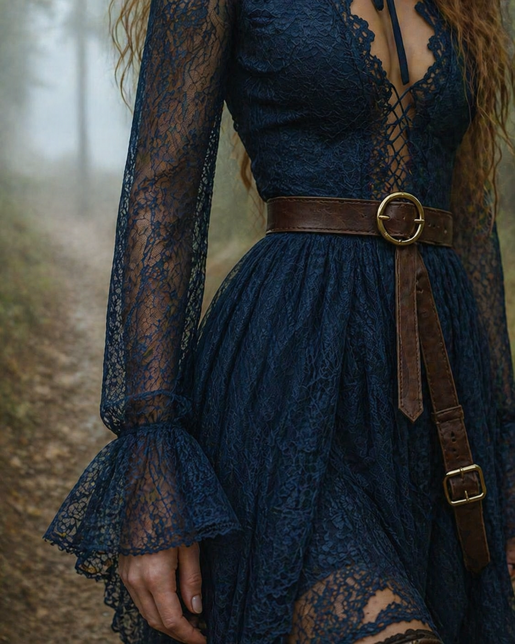 Dark Lace Western-Boho Midi Dress with Tie Neck