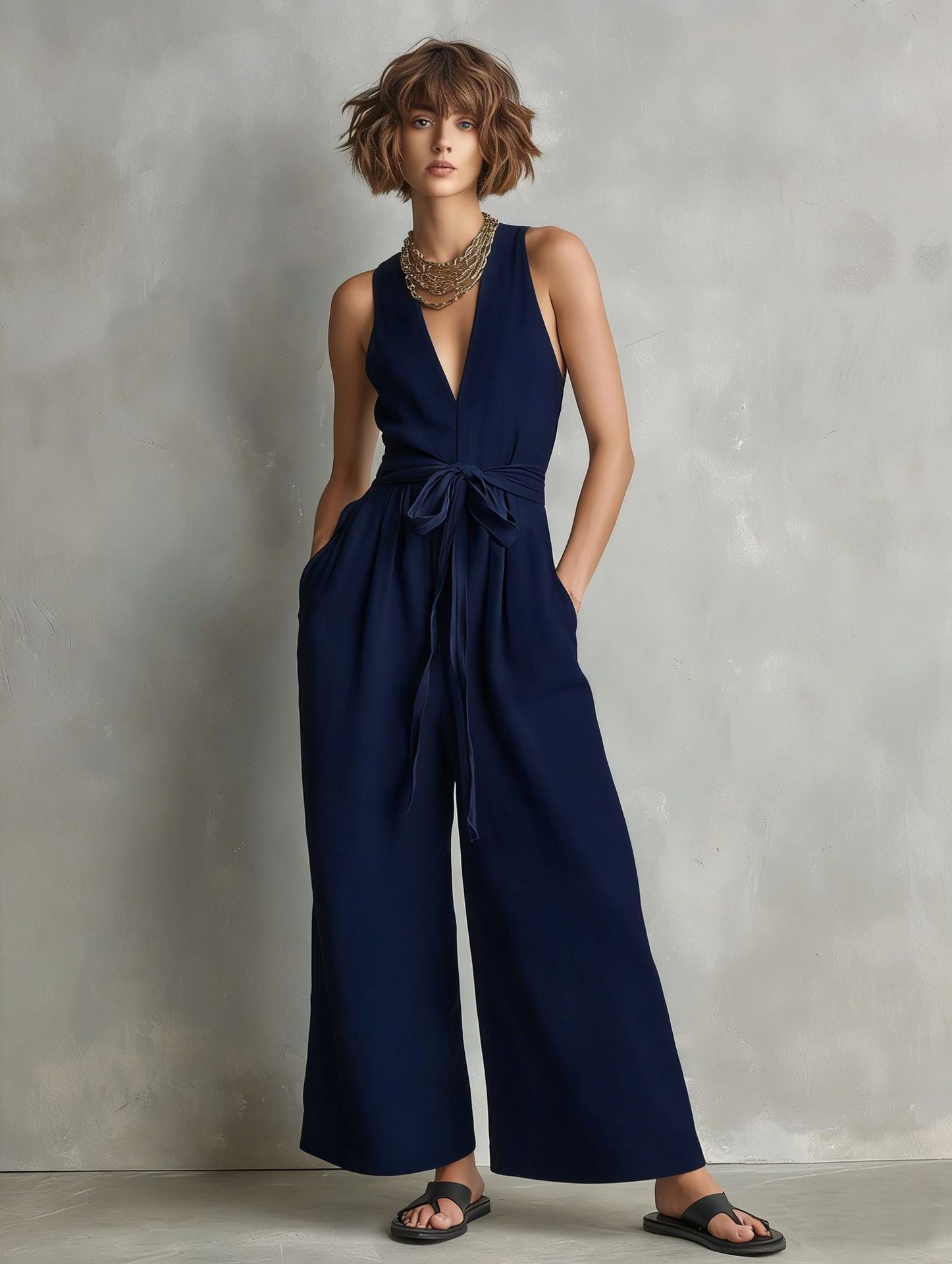 Momocco Elegant Waist-Knot Jumpsuit - Sleeveless Wide-Leg One-Piece Quiet Luxury Set