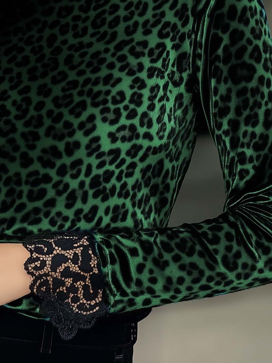 Women's Lace Panel Leopard Printed Velvet Top