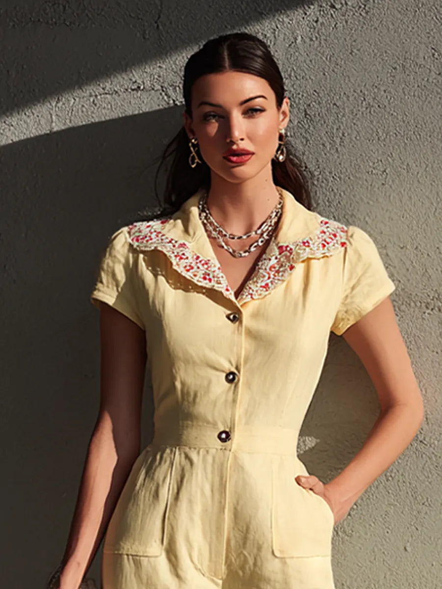 Women's Retro Elegant Light Yellow Cotton Blend Lace Collar Short Sleeve Wide-Leg Jumpsuit MDZ0397G7GMJ