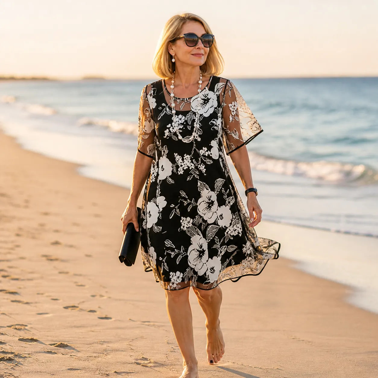 Solenya – Women's Floral Chiffon Dress with Sheer Overlay