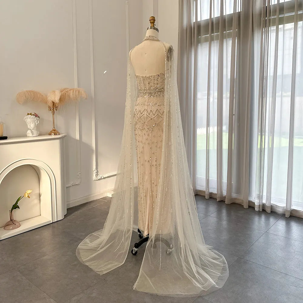DreamyVow  Luxury Dubai Mermaid Pink Evening Dresses with Cape Sleeves 2023 Arabic Women Wedding Guest Formal Party Gowns 361