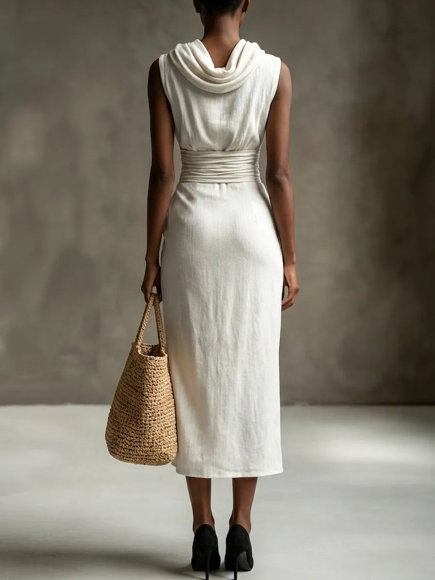 White Draped Cowl Neck Midi Dress With Side Slit
