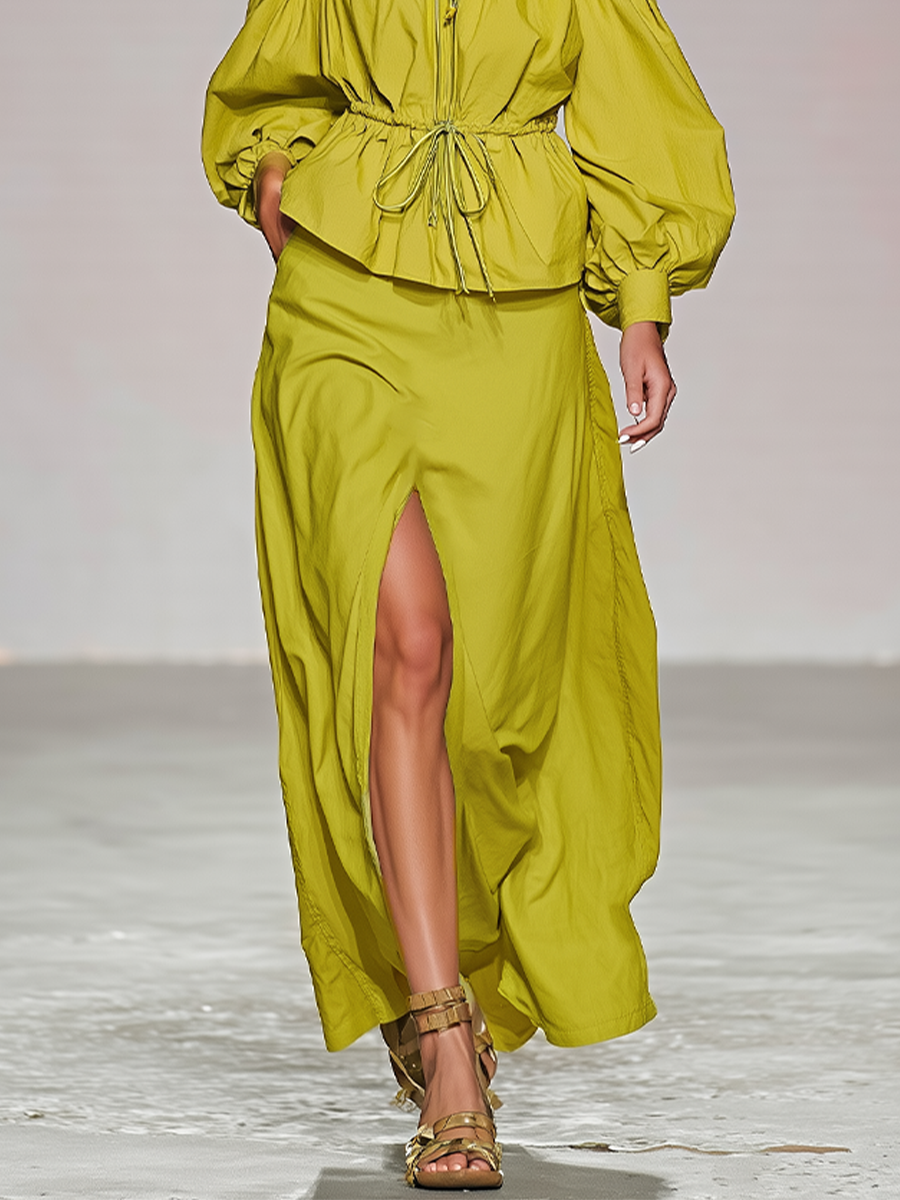 Women's Lime Green Cotton Two-Piece Set With Off Shoulder Puff Sleeve Drawstring Top & High Slit Maxi Skirt, Romantic Boho Summer Resort Outfit MDZ2308F4LYL