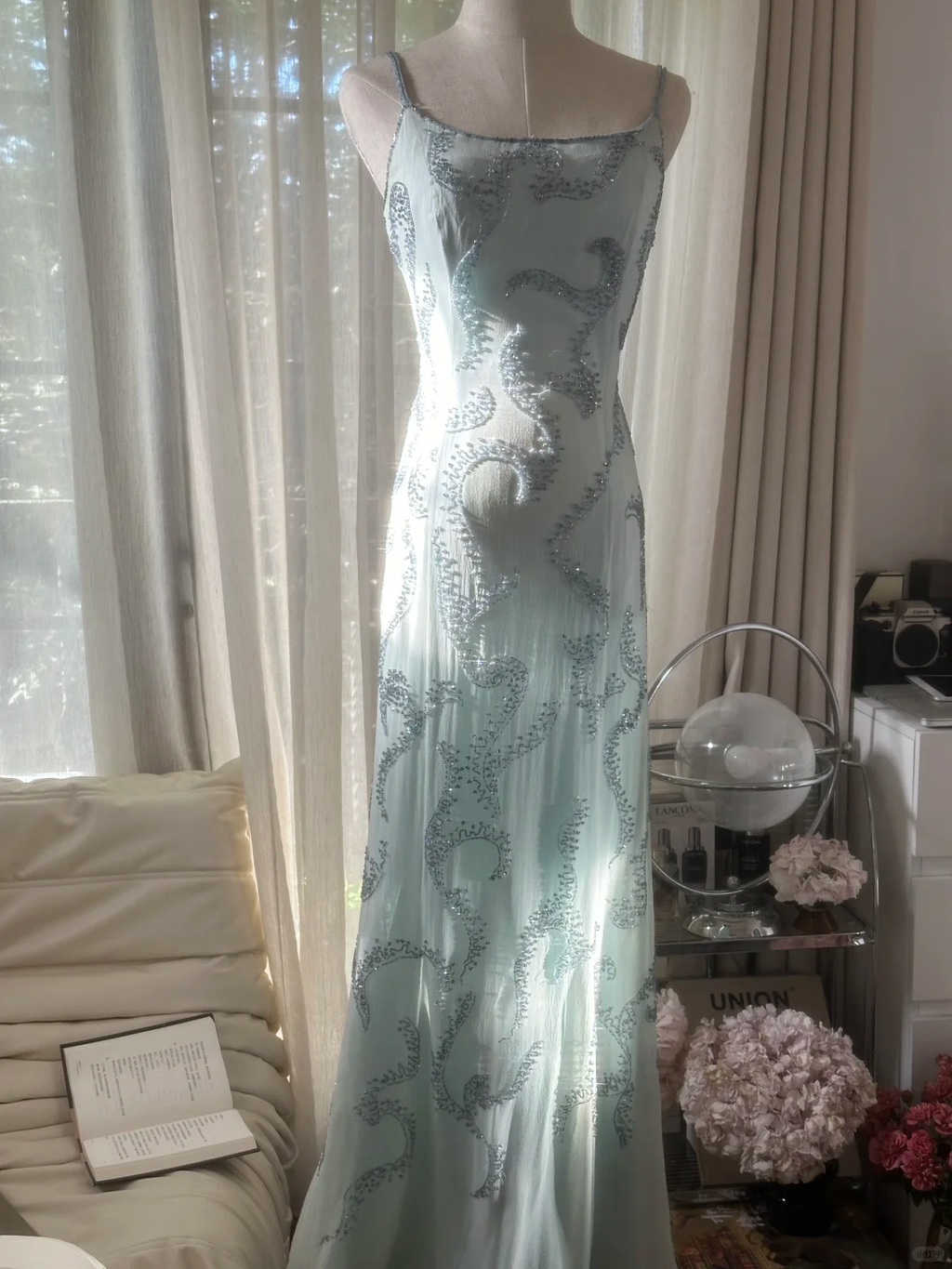 Lit Blue Gorgeous Sparkling Fashion Elegant Exquisite Beaded Long Chiffon Fairy Ball Gown Evening Dress Birthday/Wedding Guest/Vacation Party Dress Prom Dress Valentine's Day Date Dress 4036