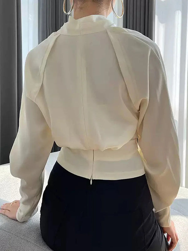Long Sleeves Solid Color Zipper V-neck Blouses&shirts Tops