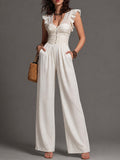 White Crinkled Cotton-Linen Blend Ruffled Corset Wide-Leg Jumpsuit