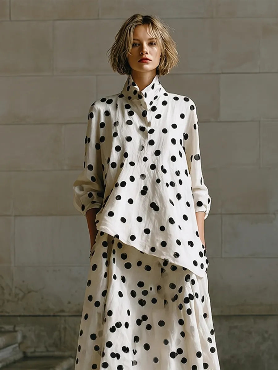 Women's Cream Spot Print Woven Co-Ord With Drop Shoulder Long Sleeve Blouse & Side Pocket Floor-Length Maxi Skirt, Minimalist Daily Casual Two-Piece Set MDZ0748G9LYL