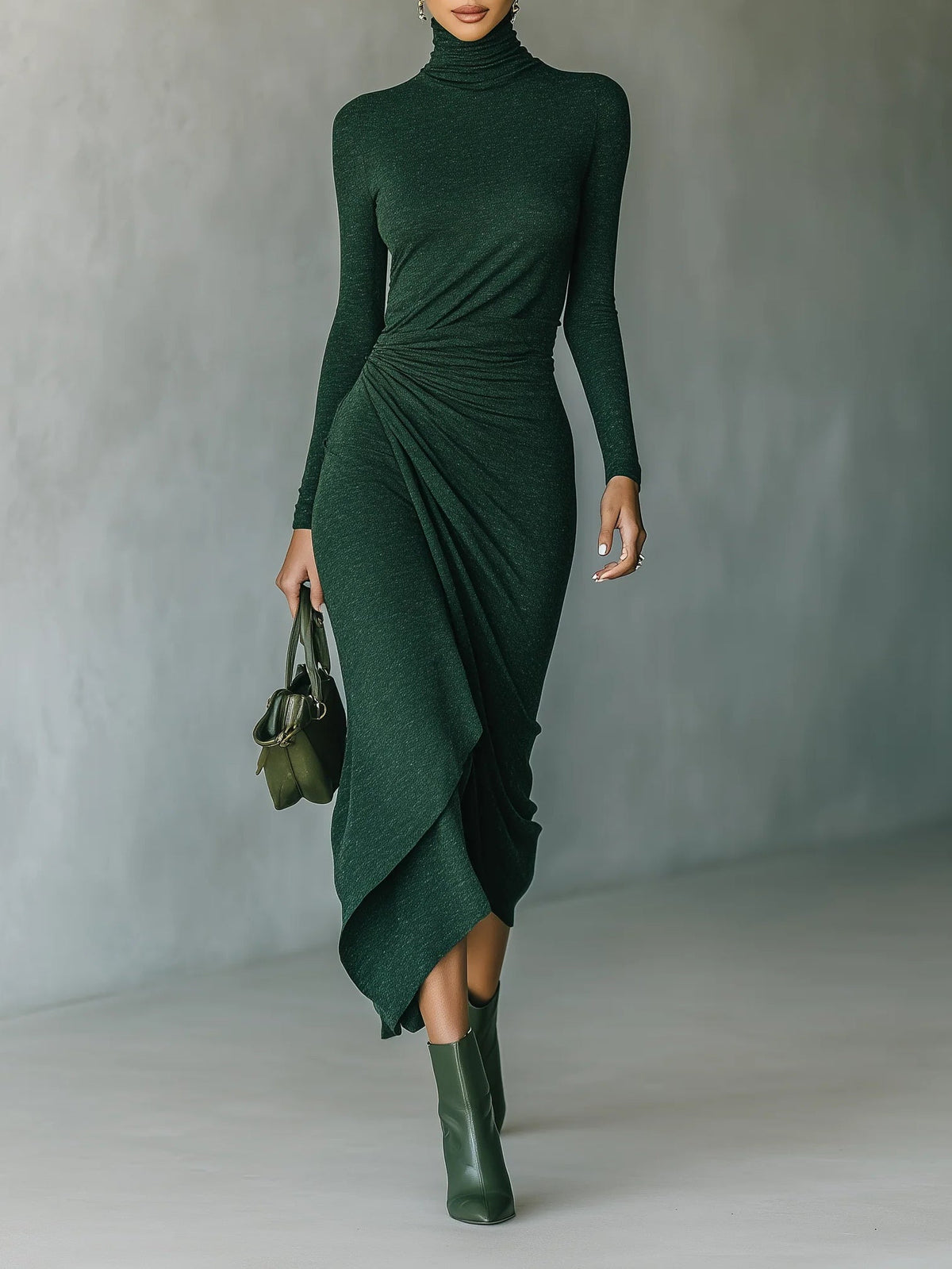 Dark Green Turtleneck Pleated Irregular Wrap Midi Dress