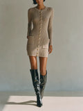 Women's Minimalist Taupe Ribbed Knit Button-Front Long Sleeve Mini Sweater Dress MDZ1675G6ZSQ