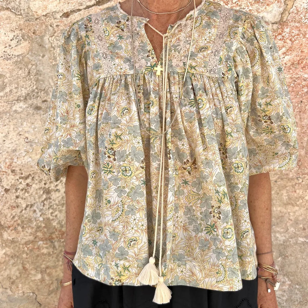 Faune Shiva Blouse – Vintage Floral Cotton Gathered Boho Top with Tassel Tie