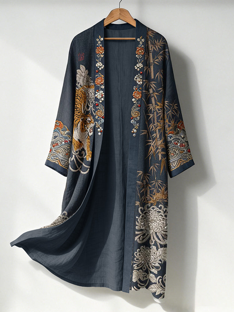 Men's Retro Japanese Tiger And Flowers Art Print Linen Long Kimono