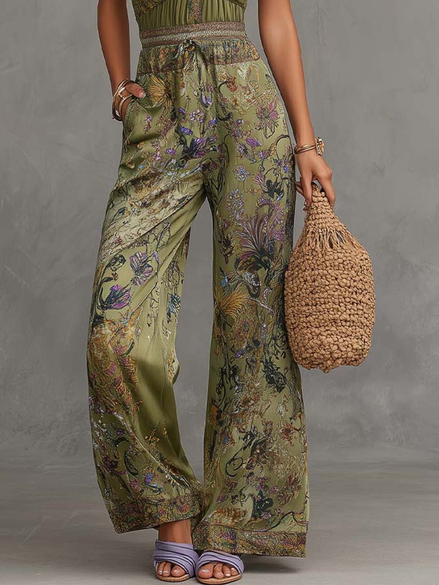 Bohemian Satin Halter Print Wide-Leg Jumpsuit