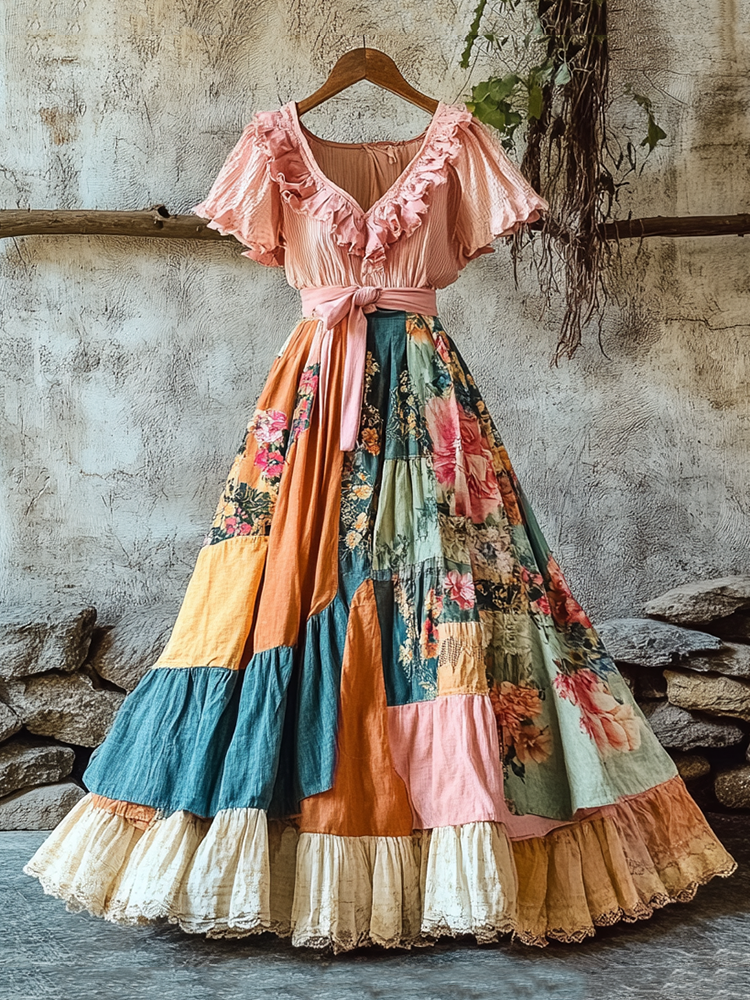 Women's Fashion Elegant Bohemian Floral Ruffle Dress 901c
