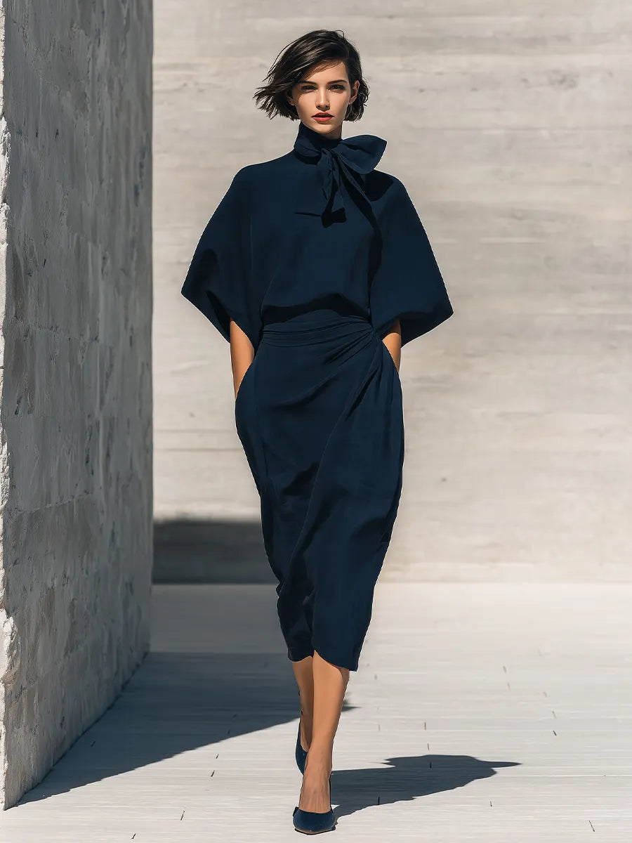 Women's Navy Cotton-Blend Two Piece Matching Set With Bow Tie Neck Batwing Sleeve Blouse & Side Twist Wrap Midi Skirt, Minimalist Elegant Formal Co-Ord Outfit MDZ2071G7LYL