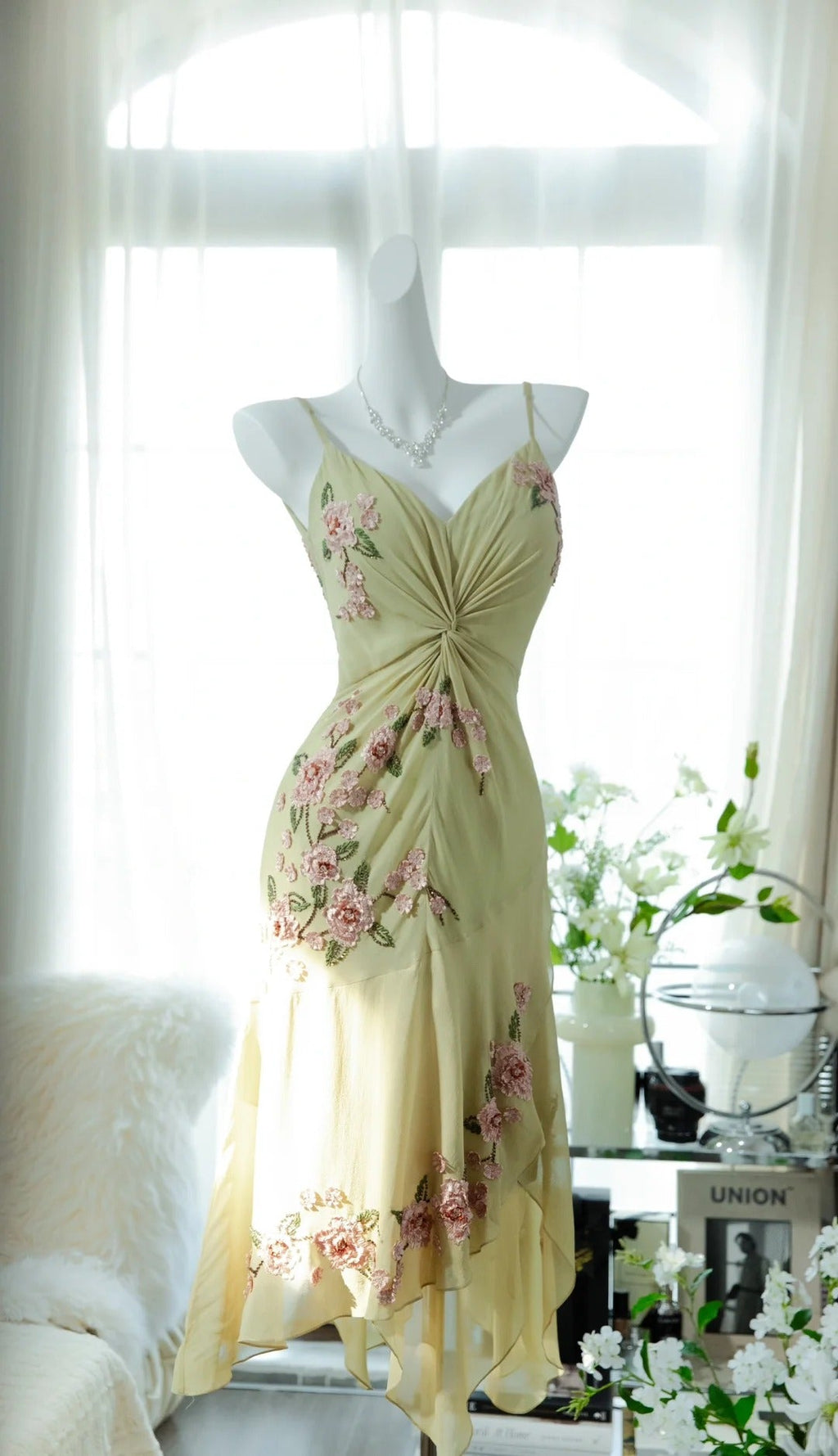 Yellow Elegant Romantic Delicate Pink Floral Beading Spaetti Straps Midi/Short Chiffon Homecoming Ball Gown Evening Dress Birthday/Wedding Guest/Holiday Party Dress Prom Dress 4023