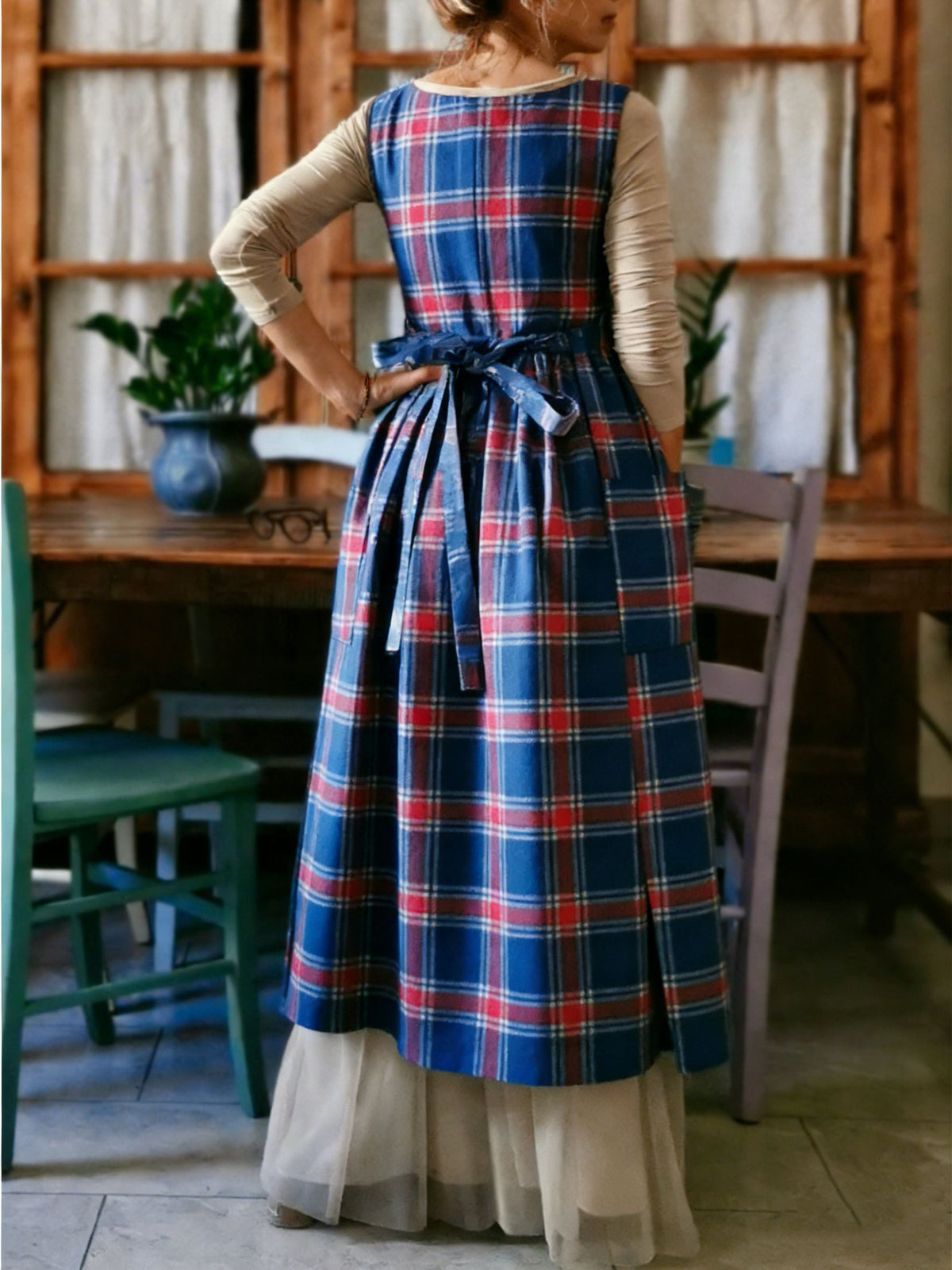 Bold Red & Blue Plaid Tie-Waist Apron