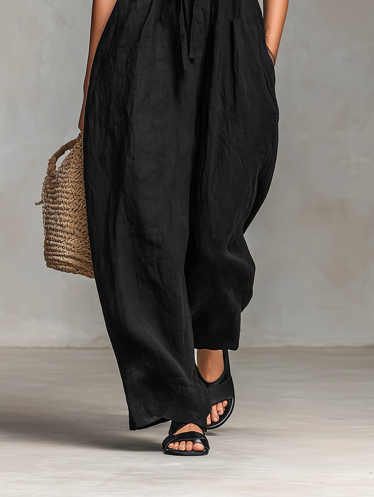 Black Minimalist Loose-fitting Faux Linen-blend Strapless Jumpsuit
