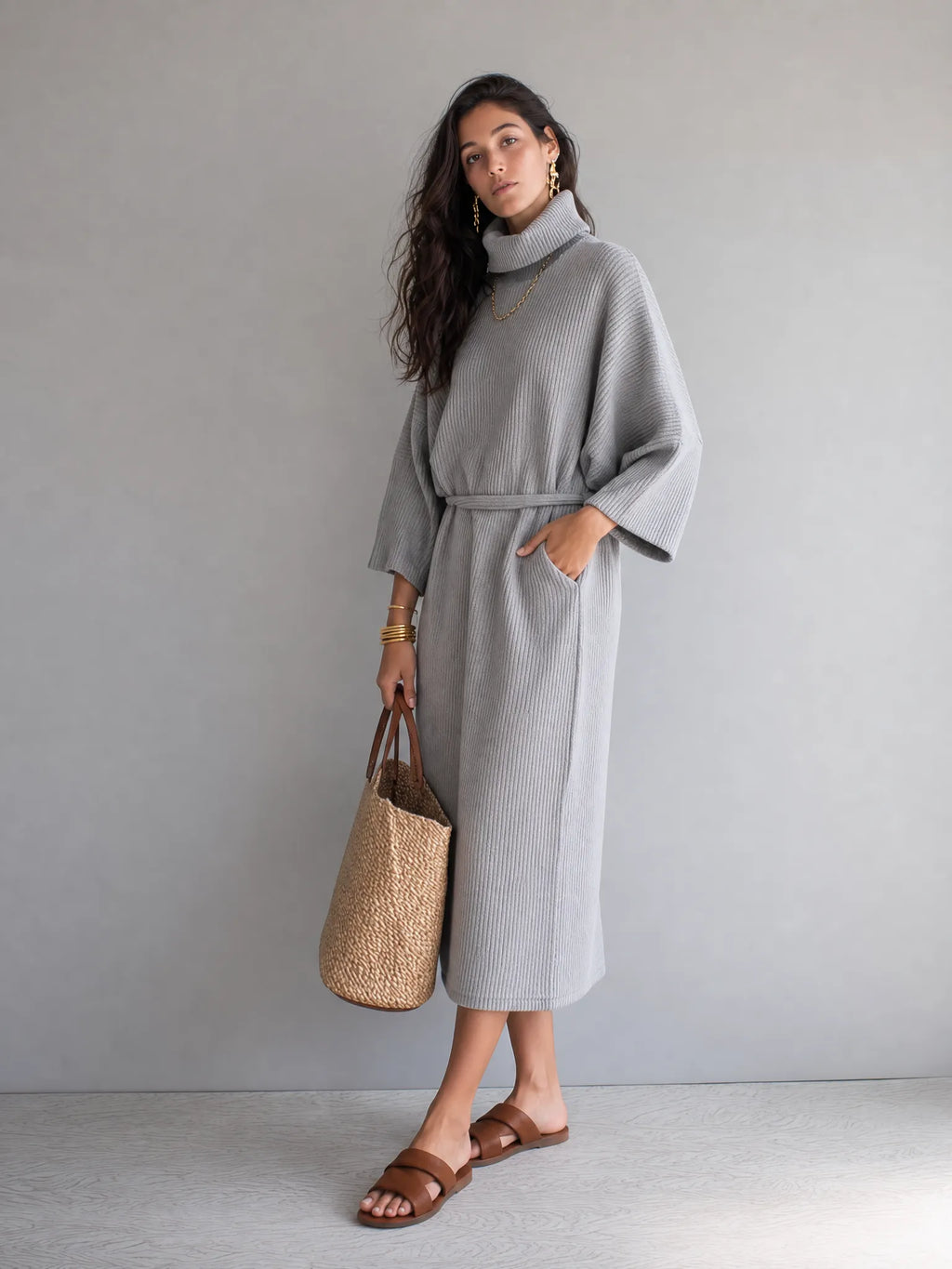 Elegant Light Gray Ribbed Turtleneck Sweater Dress