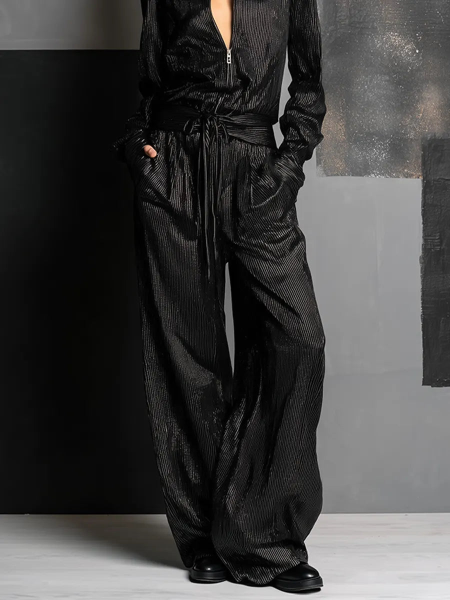 Women's All-Black Vertical Striped Lurex Jumpsuit With Collar Half Zip Front & Self Tie Wait Belt, Edgy Night Out Wide Leg Metallic Jumpsuit MDZ0124G2LYL