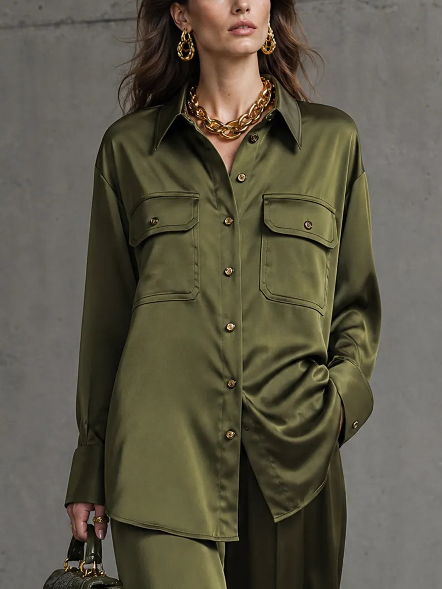 Women's Olive Green Glossy Satin Collared Dual Chest Pocket Button Front Long Sleeve Shirt High Waist Wide Leg Trouser Two Piece Set MDZ2096G4YZJ