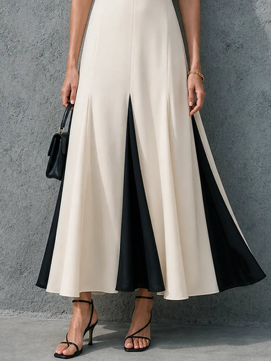 Women's Elegant Workwear Style Off-White Cotton Blend Color Block Lapel Short Sleeve Maxi Dress MDZ3023F5GMJ