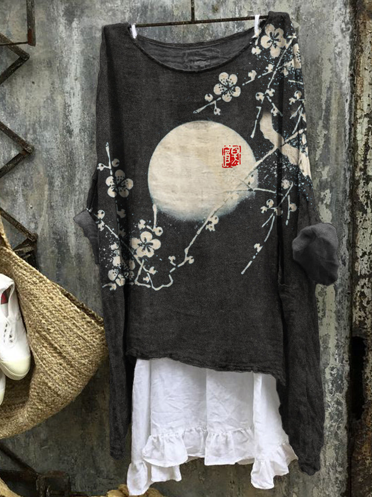 Plum Blossom Full Moon Japanese Art Linen Blend Tunic