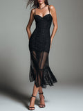 Elegant Strappy Slim-Fit Lace Midi Dress With Ruffled Hem