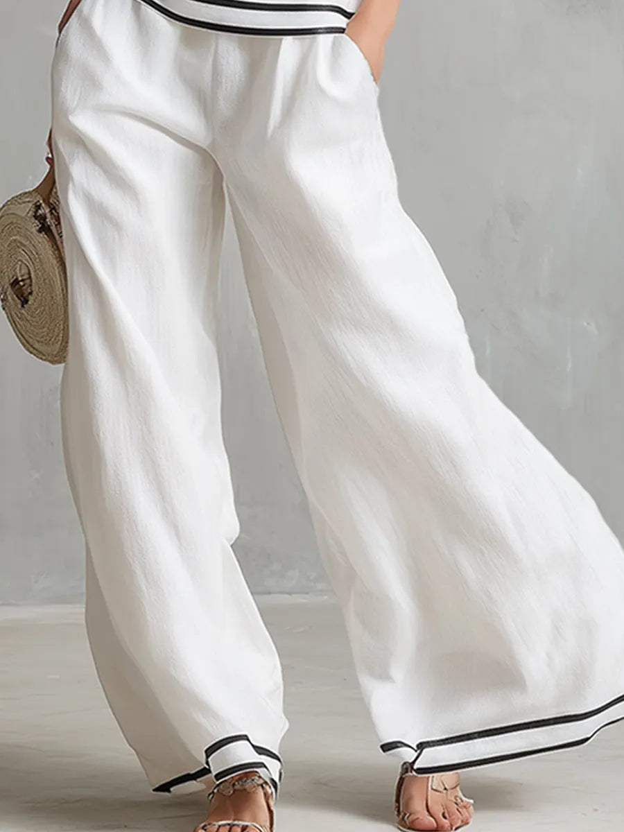 Elegant Minimalist Trimmed White Cotton Linen Halter Neck Top And Wide-leg Pants Set