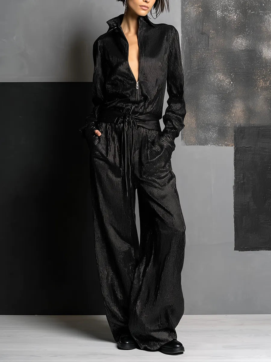 Women's All-Black Vertical Striped Lurex Jumpsuit With Collar Half Zip Front & Self Tie Wait Belt, Edgy Night Out Wide Leg Metallic Jumpsuit MDZ0124G2LYL