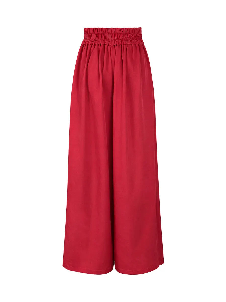 Elasticated Waist High Waisted Big Hemline Pleated Pockets Solid Color Zipper Wide Leg Pants