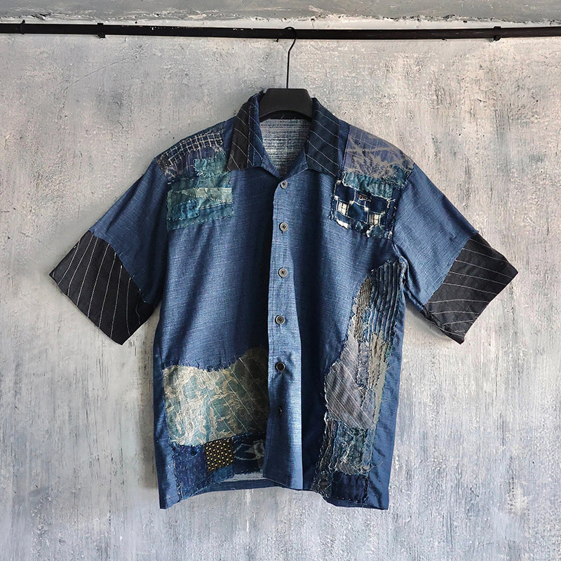 Retro Japanese Sashiko Patchwork Art Short-sleeved Shirt