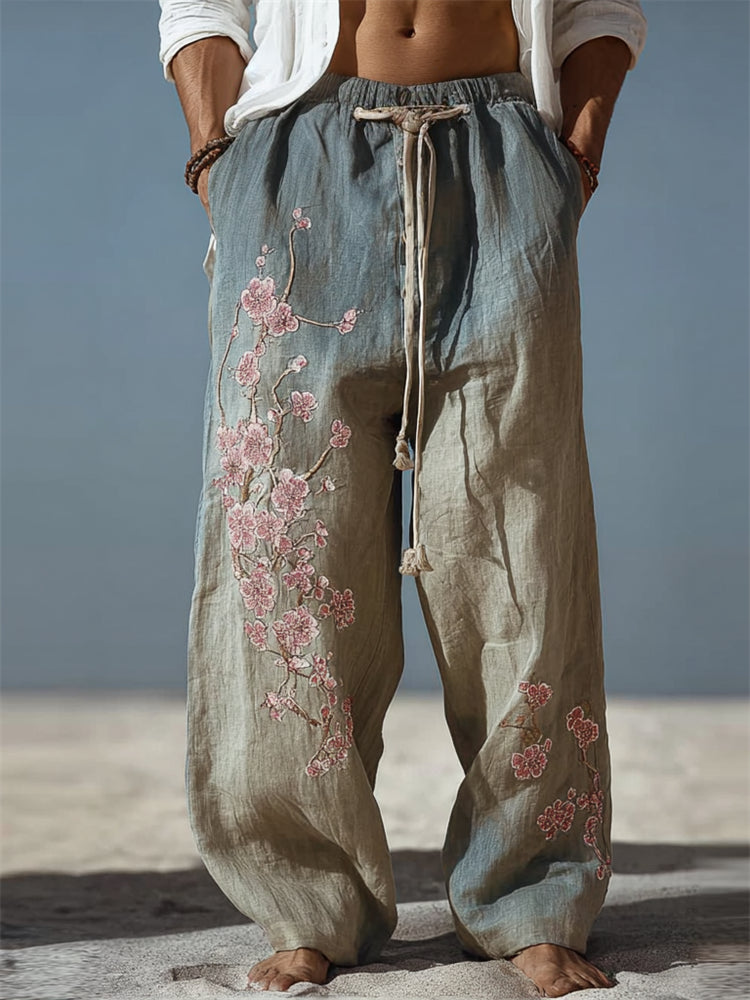 Men's Boho Cherry Blossom Gradient Wide Leg Linen Pants