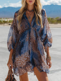 Retro Western-Style Blue Ombré Animal Print Chiffon Mini Dress