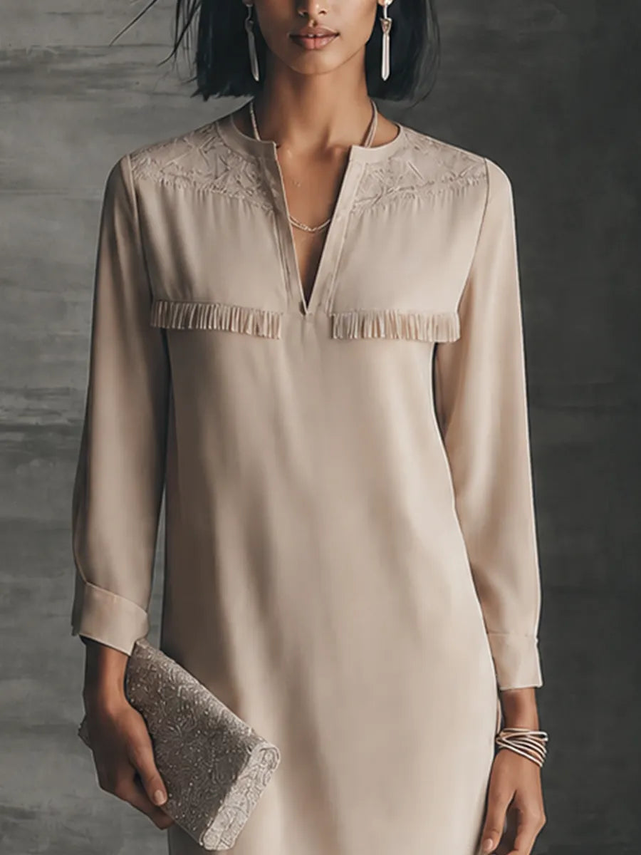 Women's Elegant Beige Tencel Blend Embroidered Yoke Fringe Trim Split-Neck Midi Dress MDZ1612G1GMJ