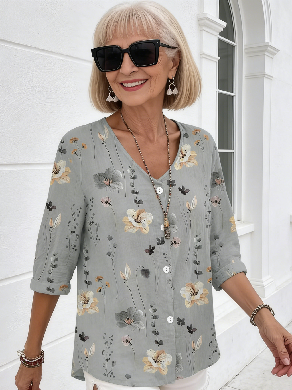 V-neck Buttons Printed Long Sleeve Tunic Tops