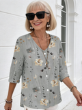 V-neck Buttons Printed Long Sleeve Tunic Tops