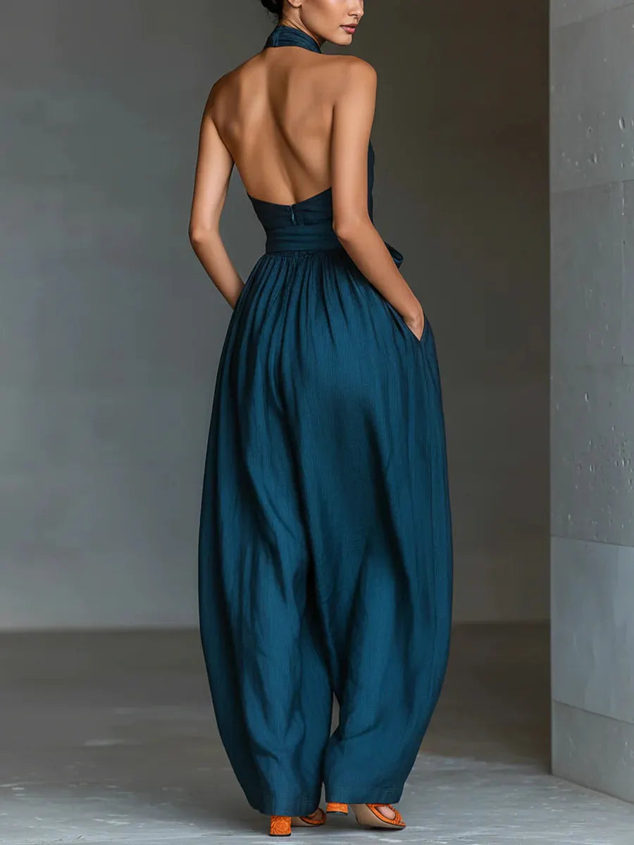 Navy Cross Halter Wide-Leg Jumpsuit With Side Pockets