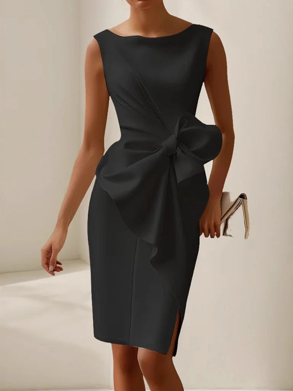Solid Color Ruffled Bowknot Asymmeyric Sleeveless Elegant Urban Midi Dresses